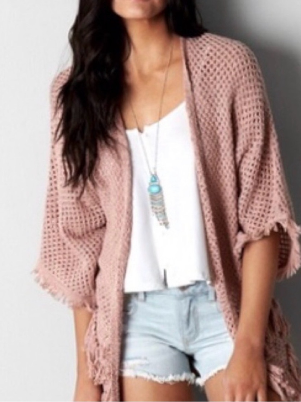 American Eagle Women's Open-Knit Fringe Cardigan Sweater - Blush XS